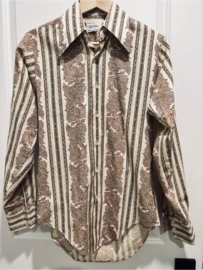 Focus Men's Long-Sleeve Paisley Stripe Button-Down Body Shirt in Cream & Brown